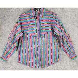 Adobe Rose Shirt Womens Medium Rainbow Striped Western Cowgirl Button Up Vintage